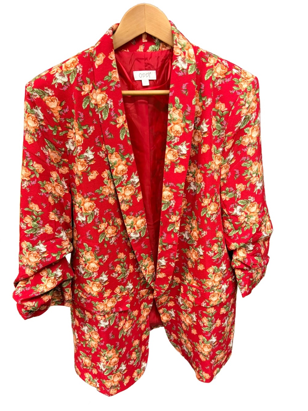 ODDI Red Floral Ruched 3/4 Sleeve Blazer Jacket Plus Size 1XL Fall Colors